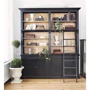 美式实木书柜带梯子白蜡木单组双组书架满墙复古黑色靠墙橱储物柜