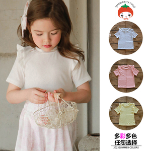女童短袖t恤2024夏装草莓珊韩版洋气时尚甜美纯色菲边女童上衣