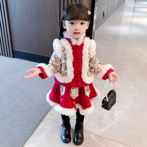 女童周岁宝宝唐装旗袍裙子冬季女孩中国风夹棉加厚汉服裙儿童年服