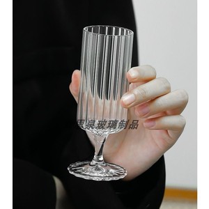 玻璃绿茶杯耐高温透明高脚杯创意高颜值直筒香槟红酒杯条纹品茗杯