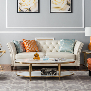 现代轻奢拉扣三人沙发美式复古小型户客厅创意休闲米白色真皮沙发