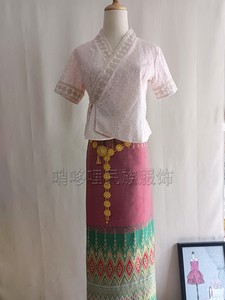 夏季新款傣族女装V领短袖上衣长裙套装雪纺蕾丝透气显瘦民族风情