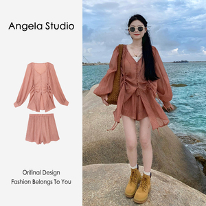 Angela减龄洋气时尚豆沙粉亚麻套装防晒衣2024夏季雪纺薄纱两件套