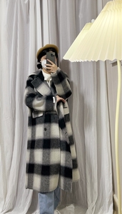韩国高端双面黑白色格子羊毛羊驼绒大衣直筒宽松长款毛呢外套女