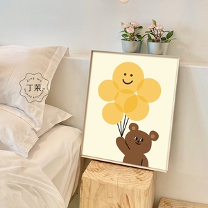 气球小熊 韩国艺术儿童房卧室床头海报质感原木卡通挂画装饰画