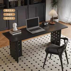 设计师黑色实木电脑桌中古风创意书桌原木写字台个性老板办公桌子