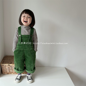 小苹果MINI春秋韩国版男女儿童宝宝可爱复古绿色灯芯绒背带裤子潮