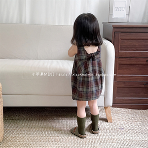 小苹果2024夏韩国版女童宝宝可爱格子连衣裙儿童森系后背系带裙子