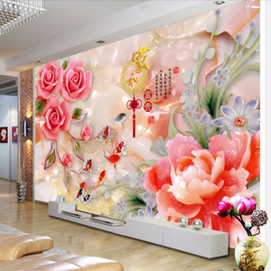 简约玉雕牡丹玫瑰花电视背景墙壁纸3D中式客厅卧室壁画8D家和墙纸