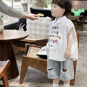 男童夏季套装2024新款儿童韩版无袖衬衫牛仔破洞裤宝宝洋气两件套