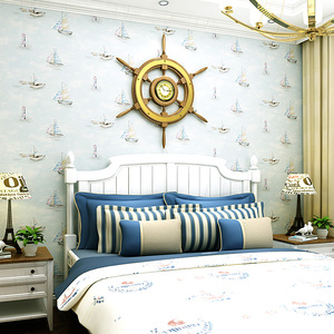 地中海风格蓝色帆船儿童房卡通壁纸女孩男孩房间卧室无纺布墙纸