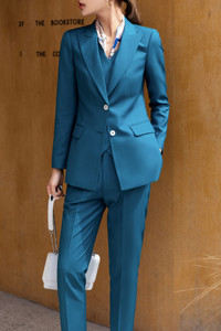 新款高级感孔雀蓝修身职业西装套装女三件套时尚气质西服女神范