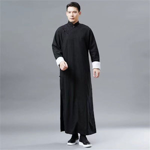 中国风民国长衫男士汉服棉麻唐装外套中式立领长袍男装禅修居士服