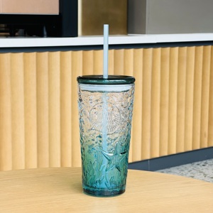 星巴克杯子2023周年庆海洋系列雅致玻璃吸管杯渐变浮雕女神大容量