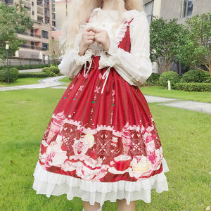 白糖少女~原创设计Lolita喵酱冰淇淋吊带jsk连衣裙+衬衫+罩纱