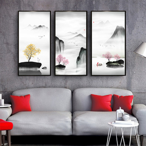 新中式水墨抽象山水风景客厅装饰画竖版玄关民宿打印自粘贴画画芯