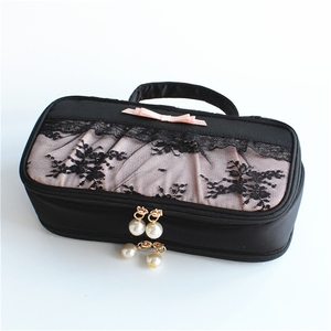黑色蕾丝花边布艺双层手提化妆包旅行便携大容量多功能首饰收纳包