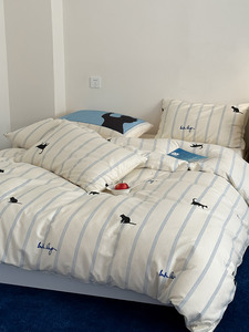 韩式ins风全棉床单四件套小猫数码印花纯棉蓝色条纹被套床上用品