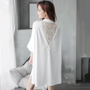 夏季睡裙女冰丝性感中长款蕾丝薄款白色衬衫宽松大码丝绸春秋睡衣