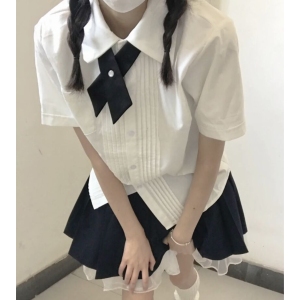 原创jk制服学院风琴褶短袖衬衫女学生毕业校服基础款百搭衬衣套装