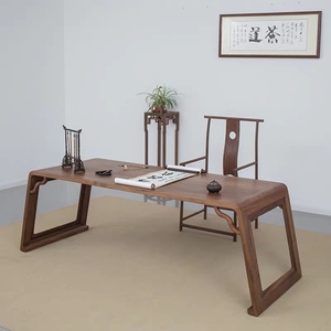 黑胡桃色老榆木茶桌椅组合全实木书桌方椅功夫茶台新中式画案