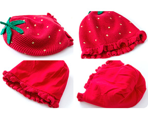 包邮秋冬全棉手钩草莓造型帽女童针织线帽宝宝护耳帽婴儿套头帽