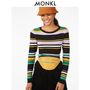 【1212价】MONKI2018新款彩色条纹秋装女圆领毛针织