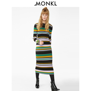 【年货价】MONKI2018秋冬新款彩色条纹长款毛衣女针织裙