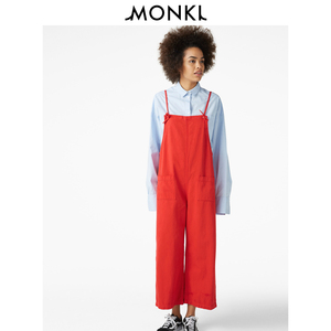 MONKI2018新款红色宽松阔腿七分裤+牛仔连体裤背带裤女