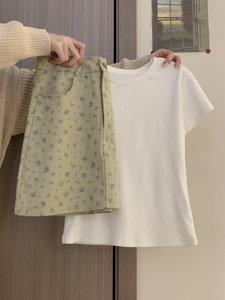 韩系小清新碎花甜美半身裙女春夏季短裙白色短袖t恤两件套装气质
