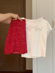 红色波点半身裙女夏季小个子显高包臀A字短裙短袖t恤两件套装洋气