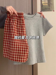 红色格子短裤女2024高腰休闲显瘦宽松灰色短袖t恤两件套装女韩版