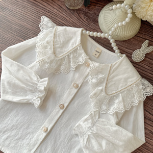 女童白色法式蕾丝花边衬衫纯棉洋气小孩衬衣2024春装新款宝宝上衣