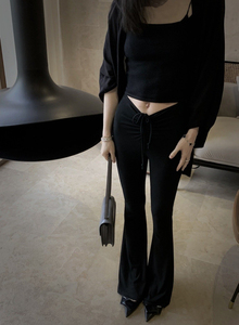 ASM ANNA高弹设计感腰头休闲裤修身显瘦夏季薄款黑色拖地喇叭裤女