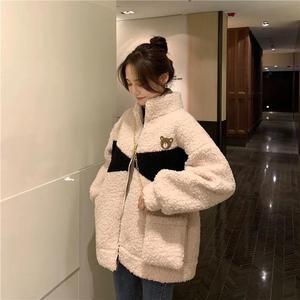 冬季韩版新款可爱撞色小熊仿羊羔毛加厚宽松长袖棉衣外套女装