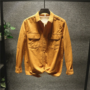 Hi man复古工装风衬衫韩国双口袋纯棉文艺土黄色衬衣长袖外套男士