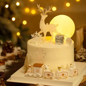 网红圣诞节烘焙装扮蛋糕装饰水晶鹿插件平安夜雪花发光月球灯摆件
