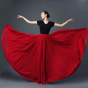 720度双层大摆裙雪纺纺裙半身裙女广场舞现代舞跳舞裙红色舞蹈裙