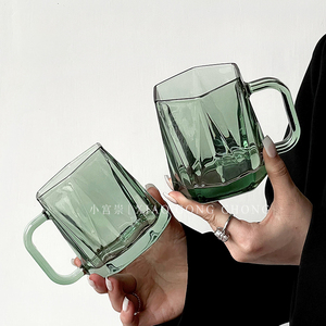 钻石六角带把手玻璃杯ins风高级感咖啡杯水杯牛奶杯简约饮料杯子