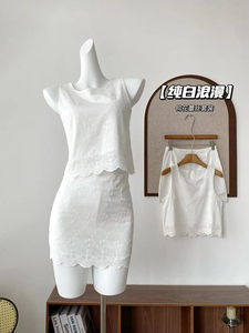 【纯白浪漫】清纯钩花无袖蕾丝上衣套装新款白色短裙两件套