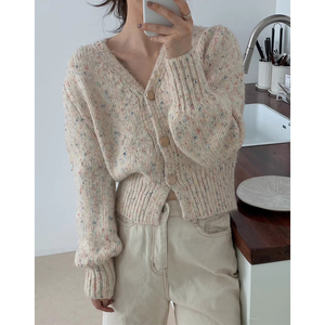 韩国chic复古彩色粗毛线v领针织开衫女宽松短款减龄百搭毛衣外套