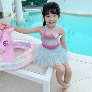 女童连体人鱼泳衣2024夏季新款儿童沙滩泳装女宝宝公主游泳衣纱裙
