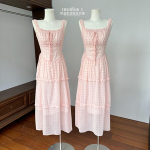 【雾粉郁金香~】粉色吊带连衣裙女夏新款波点仙女气质裙子