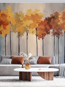 立体3d油画风格壁纸抽象刀画红叶森林背景墙客厅墙布壁布卧室