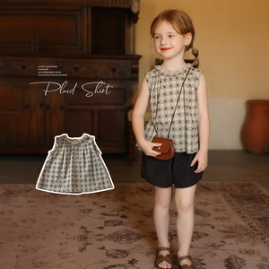 宝宝幼儿园洋气花边领格子娃娃衫允儿妈女童夏季新款时尚衬衫上衣