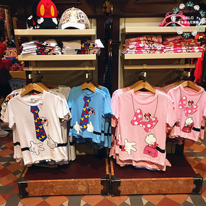 香港迪士尼 米奇米妮 卡通领带图案 夏季成人短袖 儿童T恤 亲子装