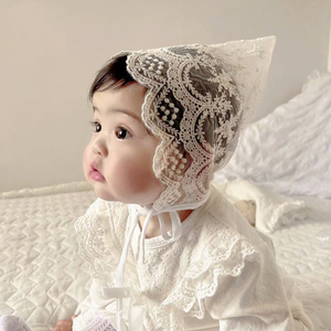 韩国婴儿精灵蕾丝帽宝宝百日白色可爱帽子新生儿周岁生日头饰胎帽