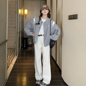 灰色拼接棒球服外套女短款2024年春季新款韩版学院风宽松休闲上衣