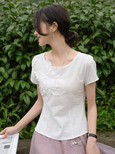 棉麻短袖t恤女2024春夏新款文艺复古修身百搭小个子白色短款上衣