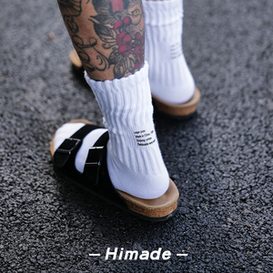 Himade日系复古工装印花粗针长筒堆堆袜ins男女士粗线中筒运动袜